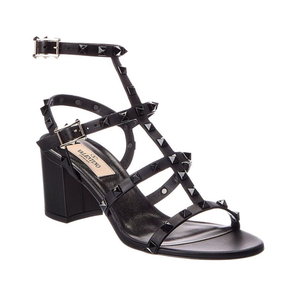 Valentino Rockstud Caged 65 Leather Ankle Strap Sandal, Black